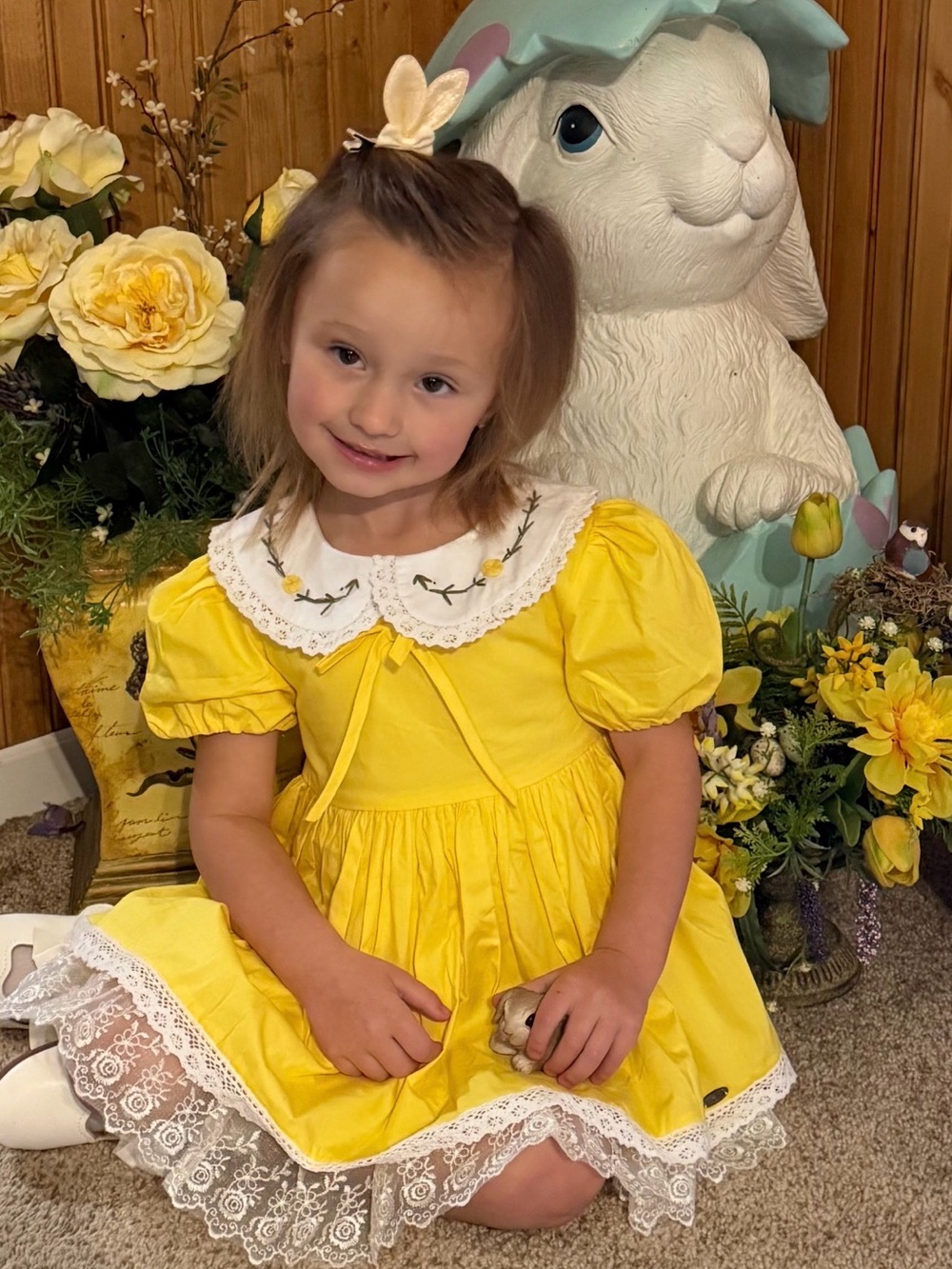 Girls' Yellow Lace-Trim Puff Sleeve Dress with Embroidered Peter Pan Collar
